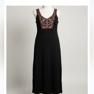 MAGIC Embroidered Boho Maxi Dress Black Sleeveless Tiered Long Tank Dress Medium